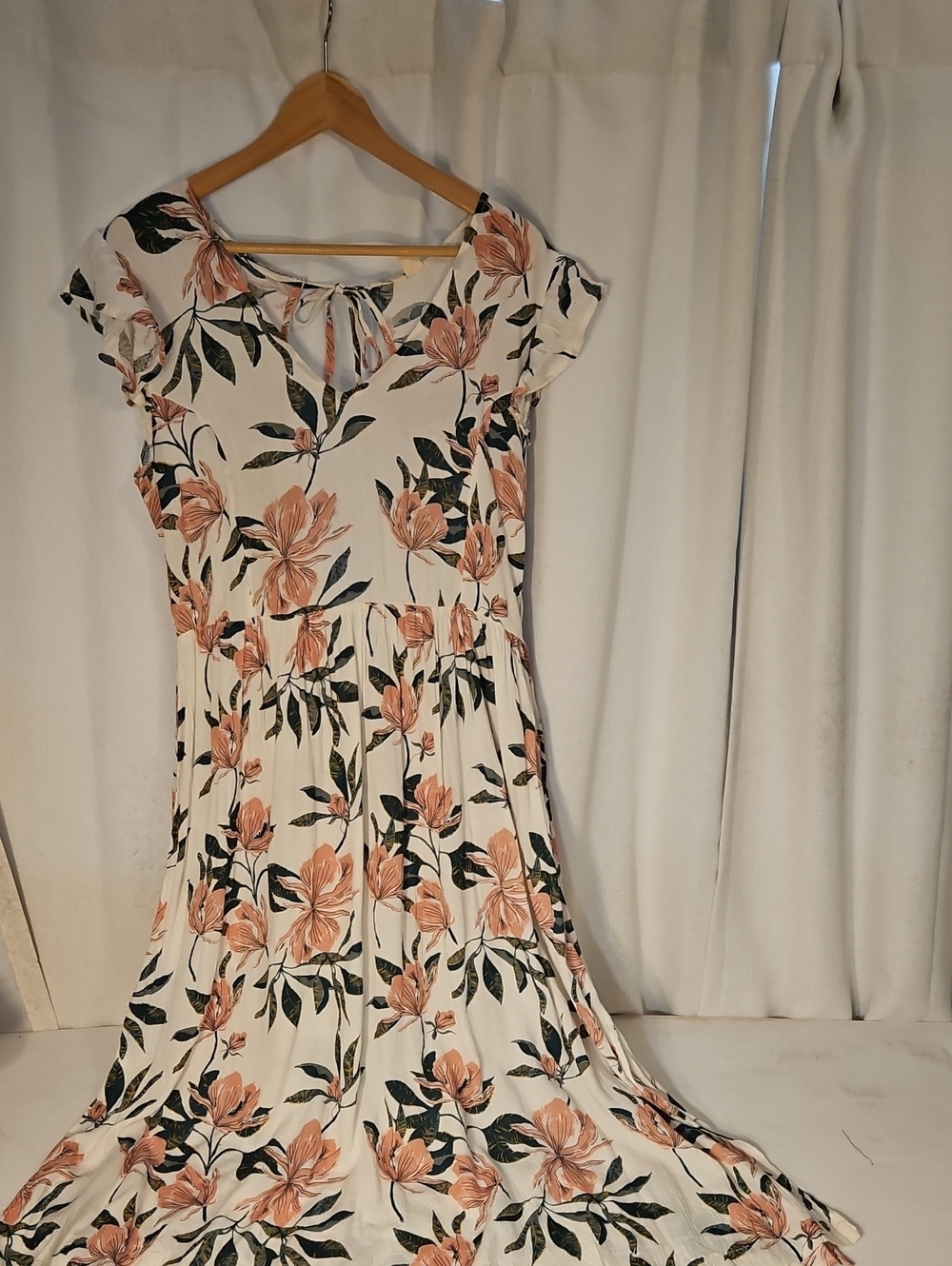 Roxy White Maxi Dress with Peach Floral Print and Green Leaves